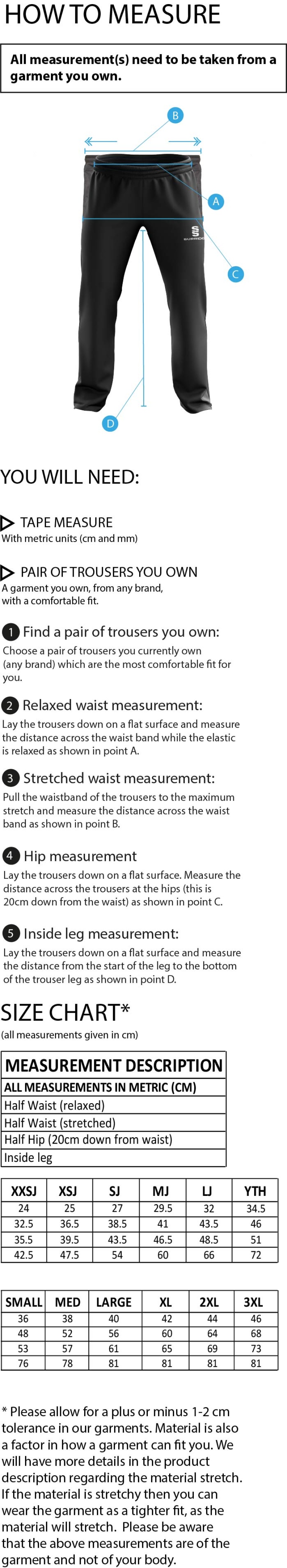 Plymstock CC - POPLIN TRACK PANT WITH LYCRA - Size Guide