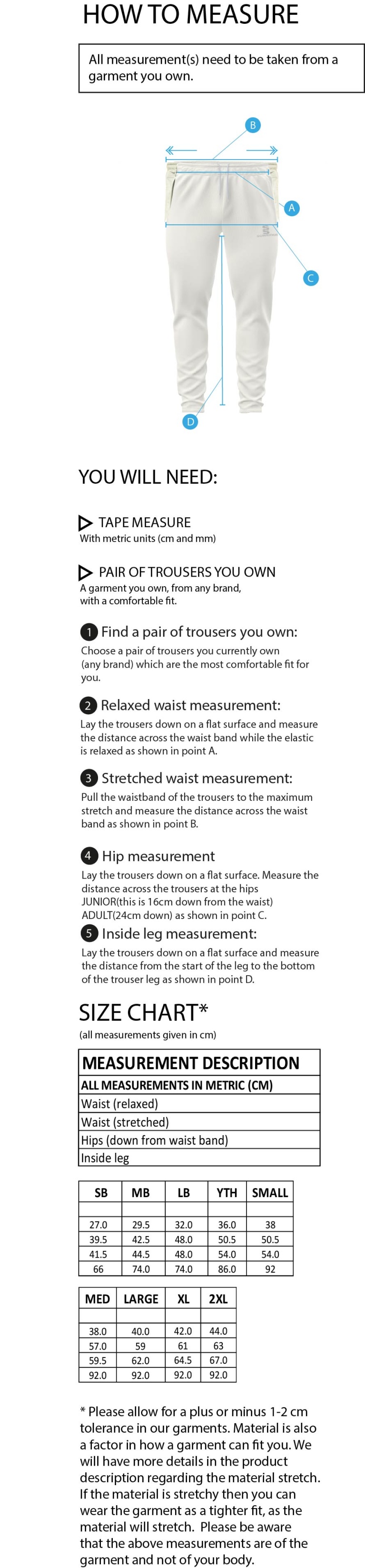 Plymstock CC - Playing Pants - Size Guide