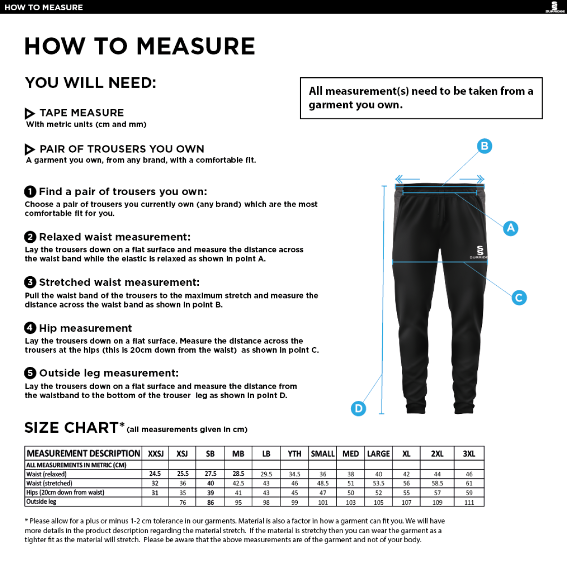 Plymstock CC - Tek Training Pants - Size Guide