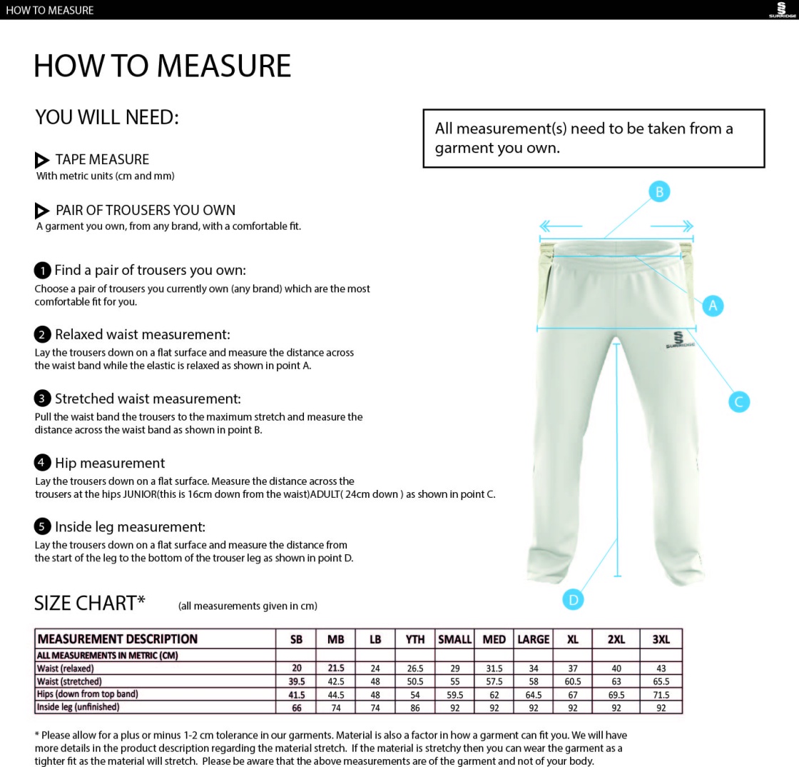 Plymstock CC - Playing Pants - Size Guide