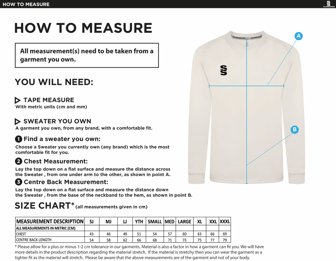 PLYSTOCK CC Blast Long Sleeve Cricket Sweater - Size Guide