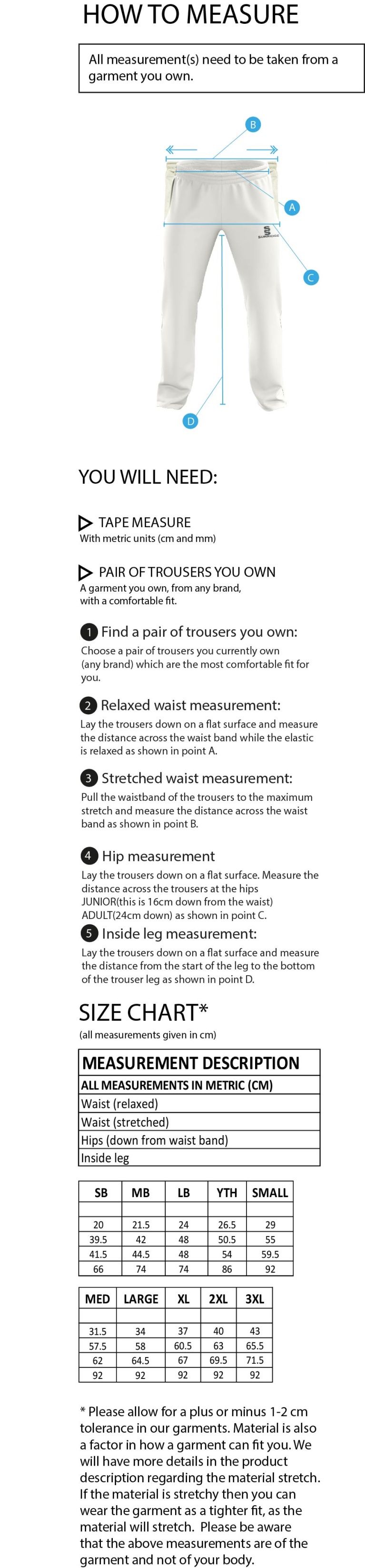 Plymstock CC - Playing Pants - Size Guide