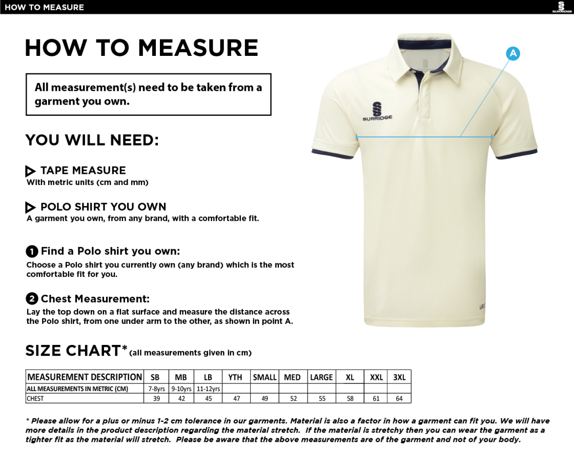 Plymstock CC - Short Sleeve Cricket Shirt - Size Guide