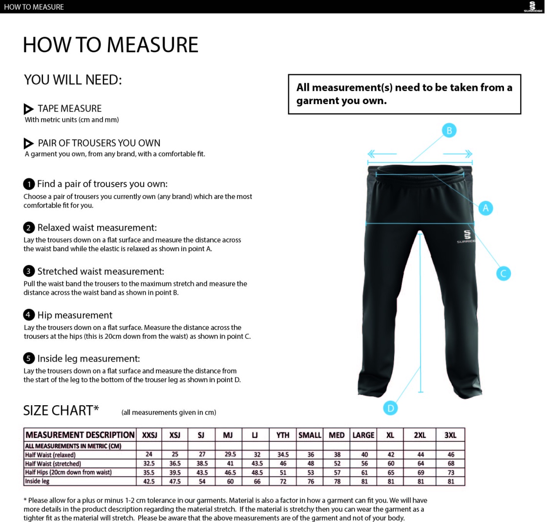 Plymstock CC - POPLIN TRACK PANT WITH LYCRA - Size Guide