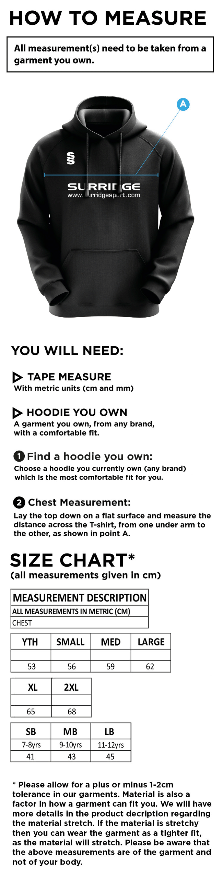 Plymstock CC - Blade Hoody - Size Guide