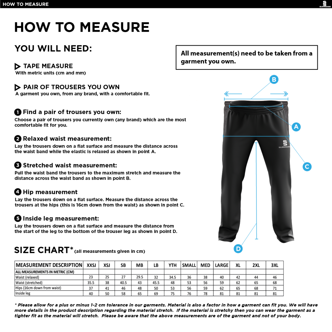 Plymstock CC - Poplin Track Pant - Size Guide