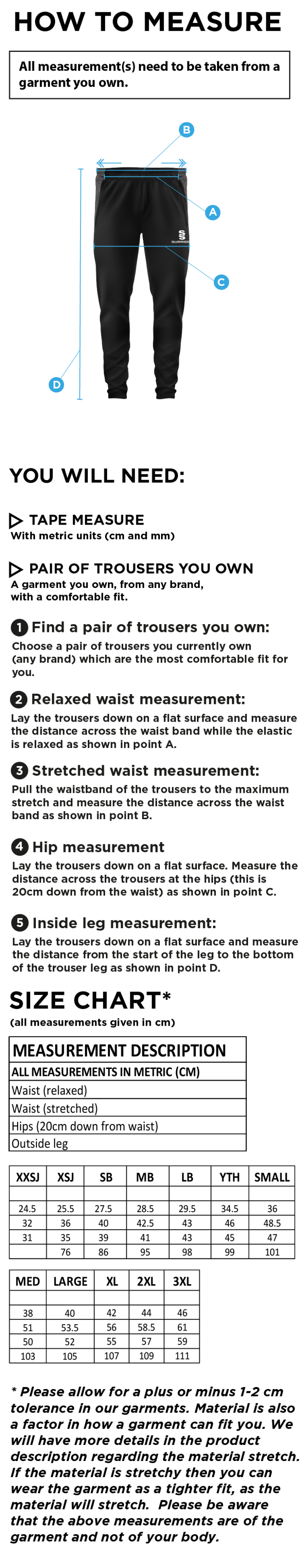 Plymstock CC - Tek Training Pants - Size Guide