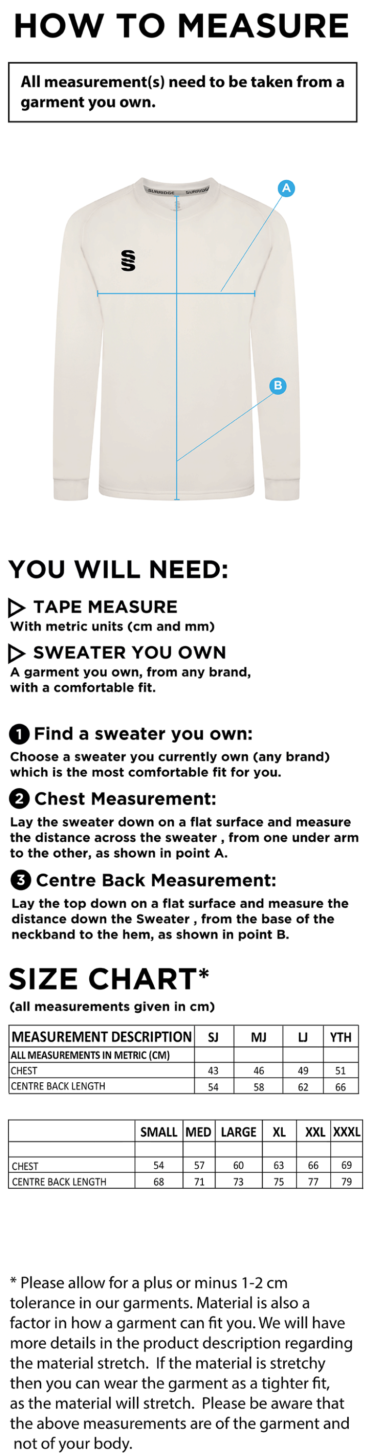 PLYSTOCK CC Blast Long Sleeve Cricket Sweater - Size Guide