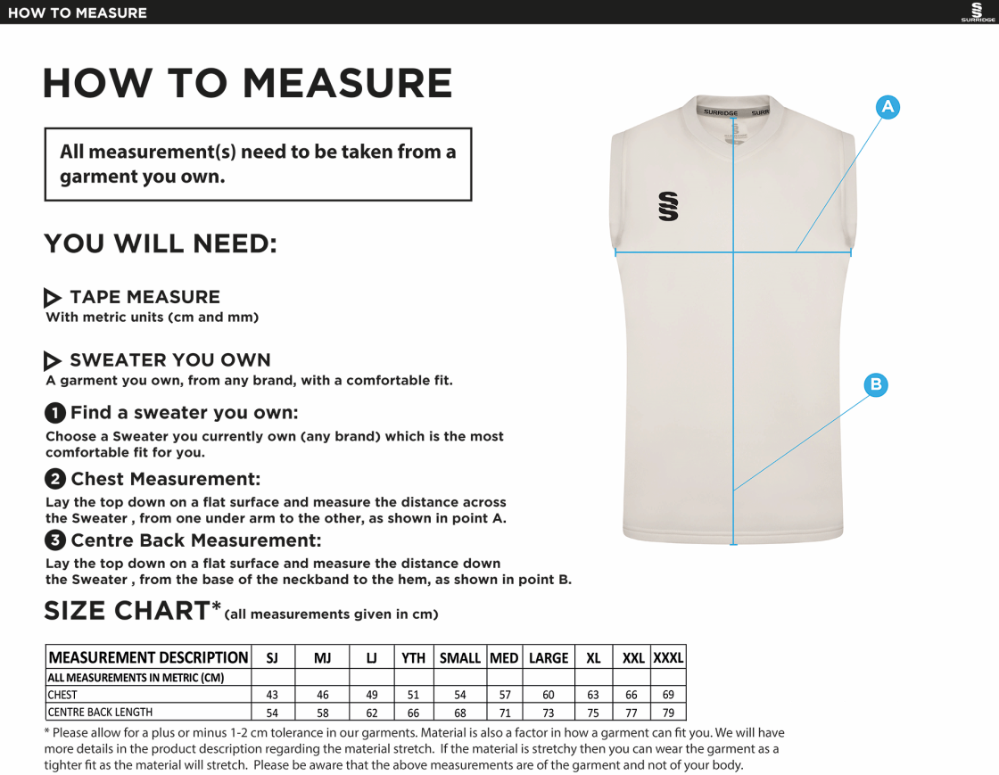 PLYMSTOCK CC Blast Sleeveless Cricket Sweater - Size Guide