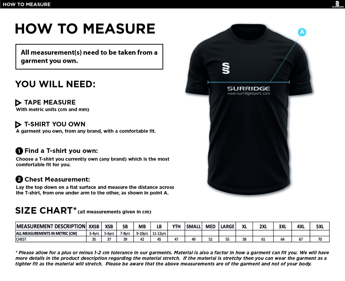 Plymstock CC - Training Shirt - Size Guide