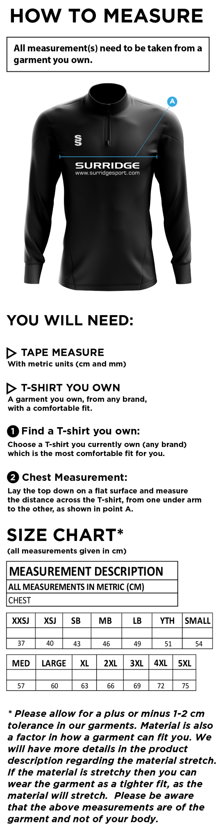 Plymstock CC - Performance Top - Size Guide