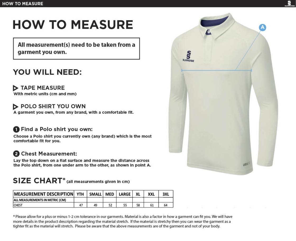 Plymstock CC - Long Sleeve Cricket Shirt - Size Guide